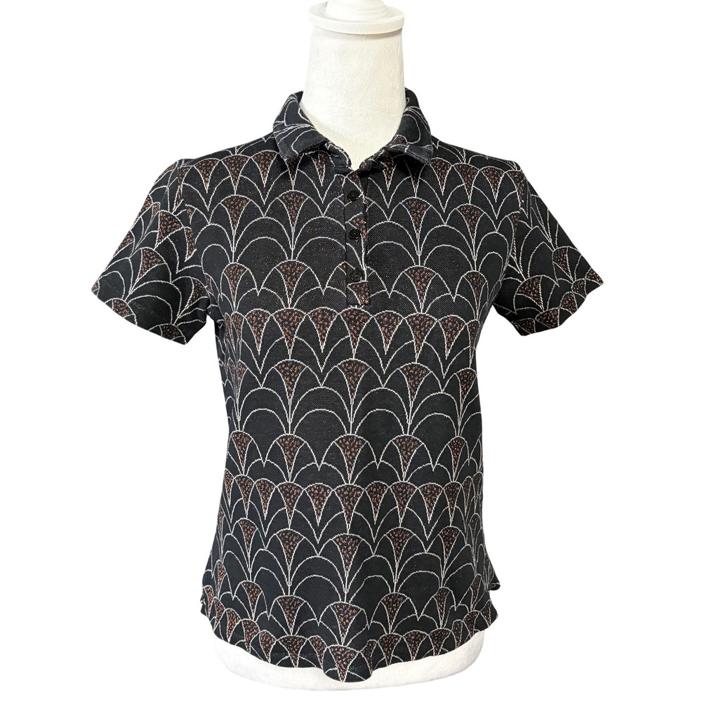 Acote Womens Polo Shirt 1 Black Geometric Metallic‎ Knit Art Deco Short Sleeve